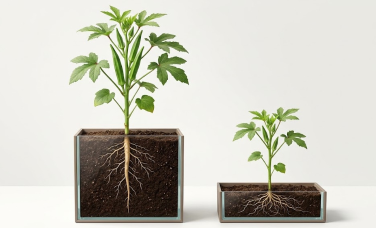 オクラの栽培には深型プランターが必要な理由・直根性の根の張り方比較図解（写真）